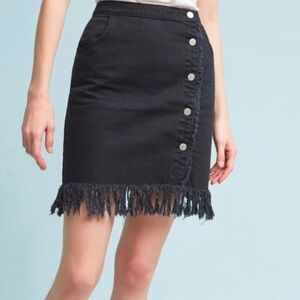 Anthropologie Pilcro Black Denim Fringe Button Up Skirt